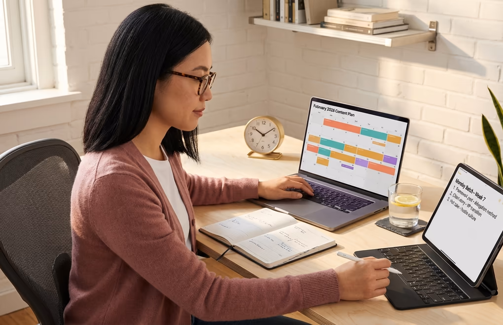 Organized weekly content planning workspace showing batched LinkedIn posts, content calendar, and scheduling tools on a desk