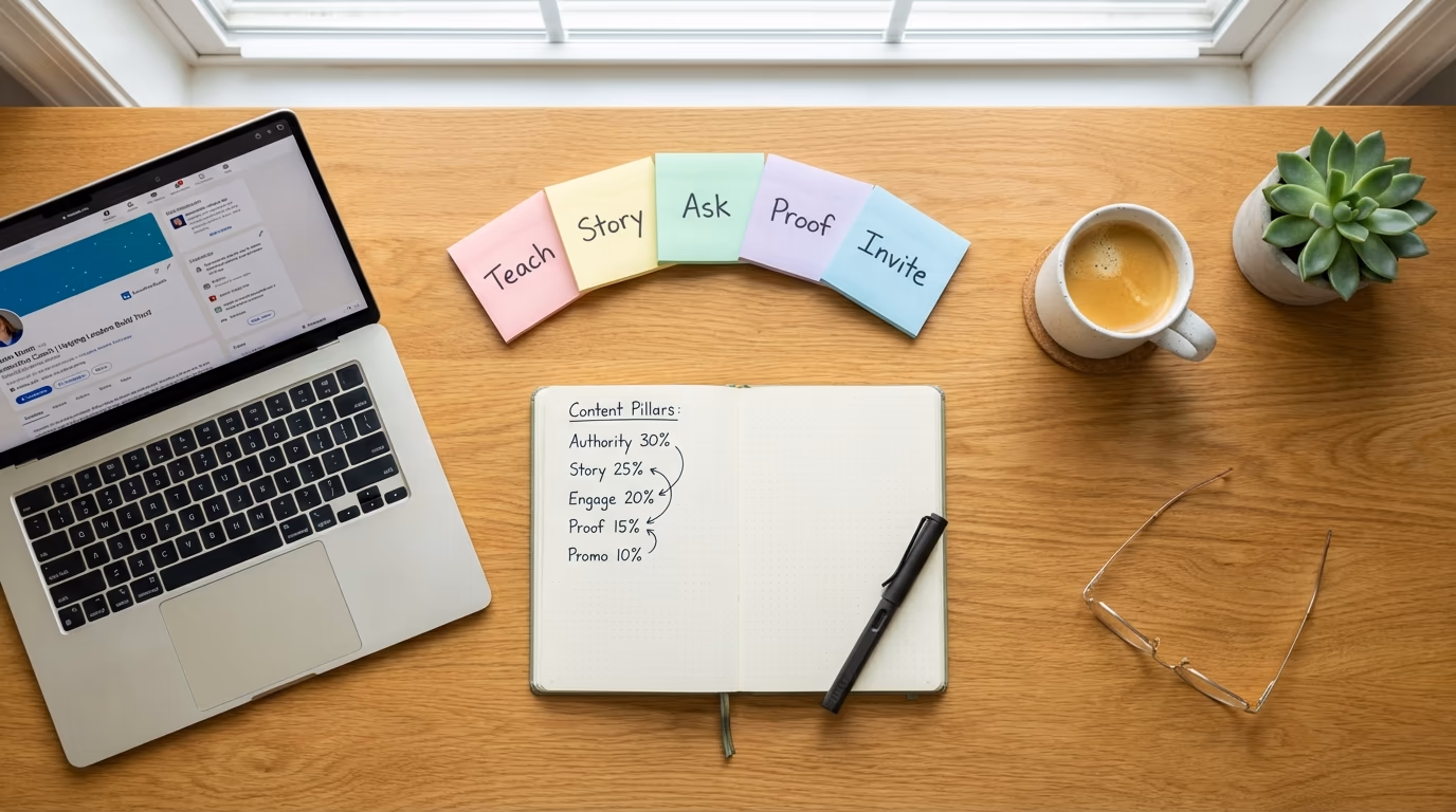 LinkedIn Content Strategy for Coaches - Coach creating content strategy with notes and laptop in modern workspace