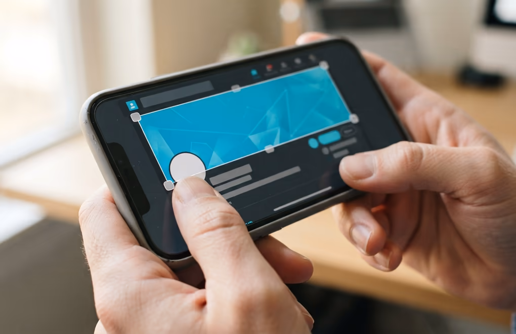 Hand editing a profile banner on a phone screen with crop and reposition controls