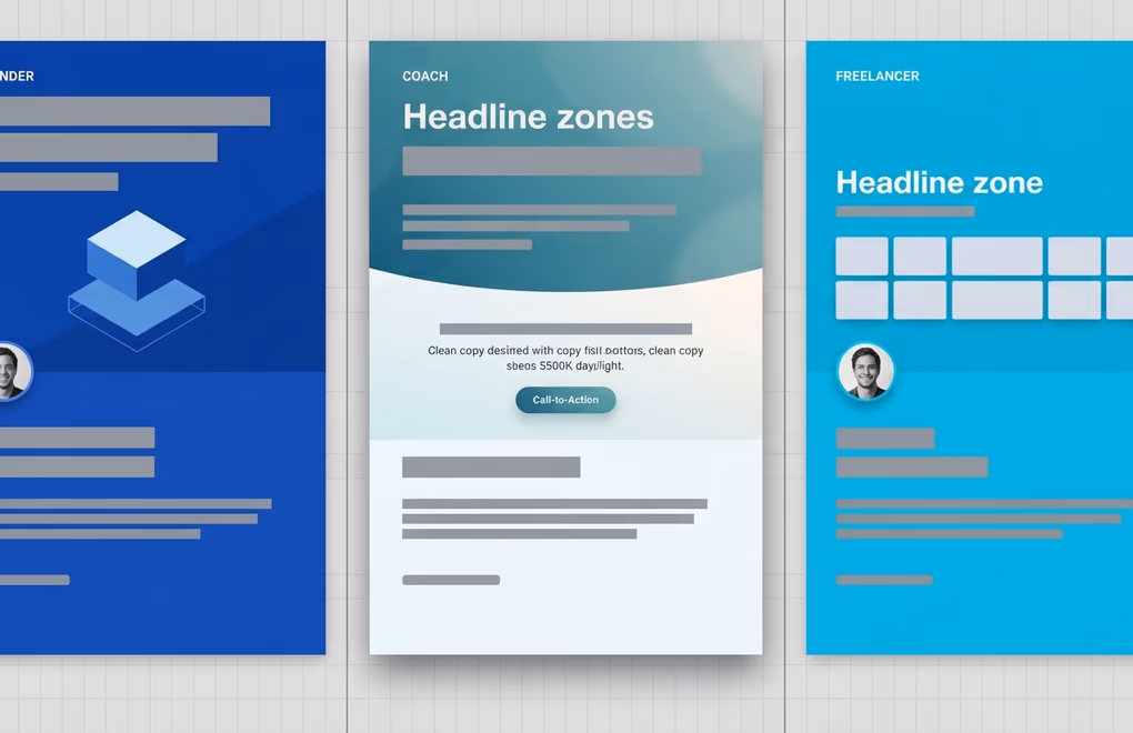 Three profile banners styled for a founder, a coach, and a freelancer shown side by side