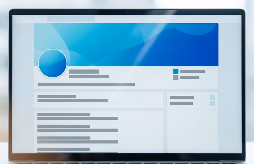 Professional viewing a LinkedIn profile on a laptop with the banner area prominent