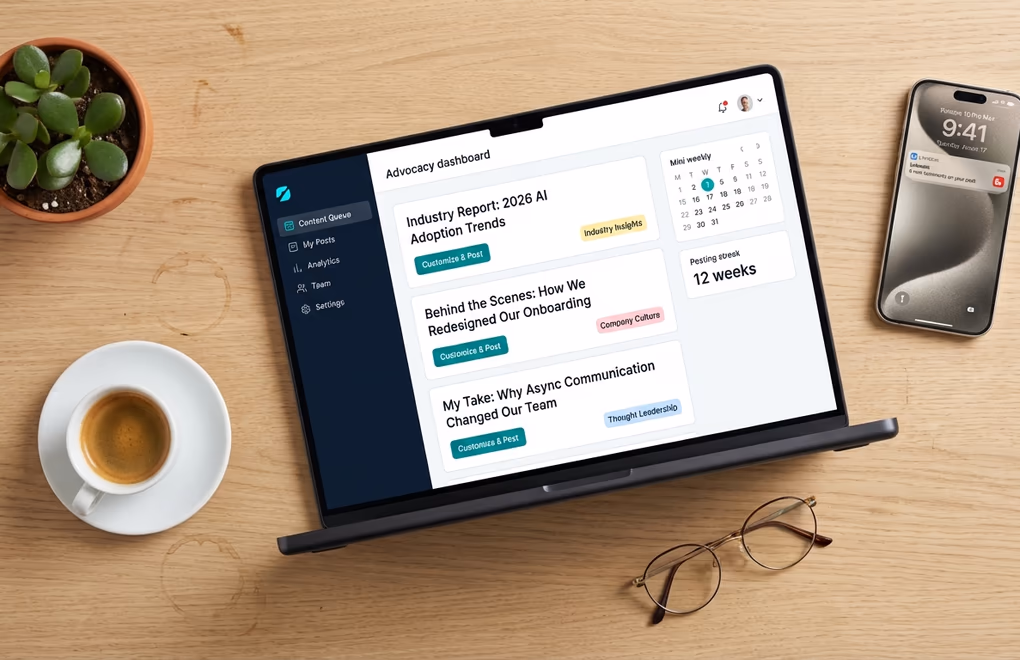 Clean dashboard interface showing a content queue with pre-written post suggestions, one-click sharing buttons, and a weekly posting schedule for employee advocates