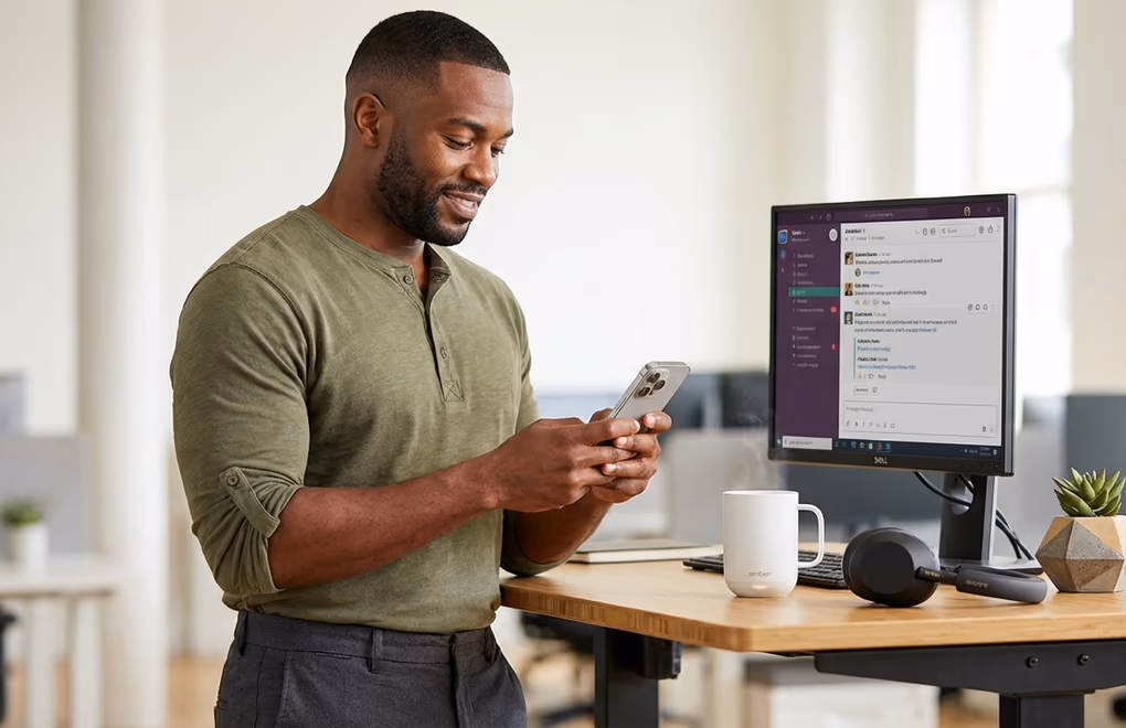 Professional at a standing desk crafting a LinkedIn post on their phone, with thought bubbles showing personal stories, industry insights, and behind-the-scenes moments