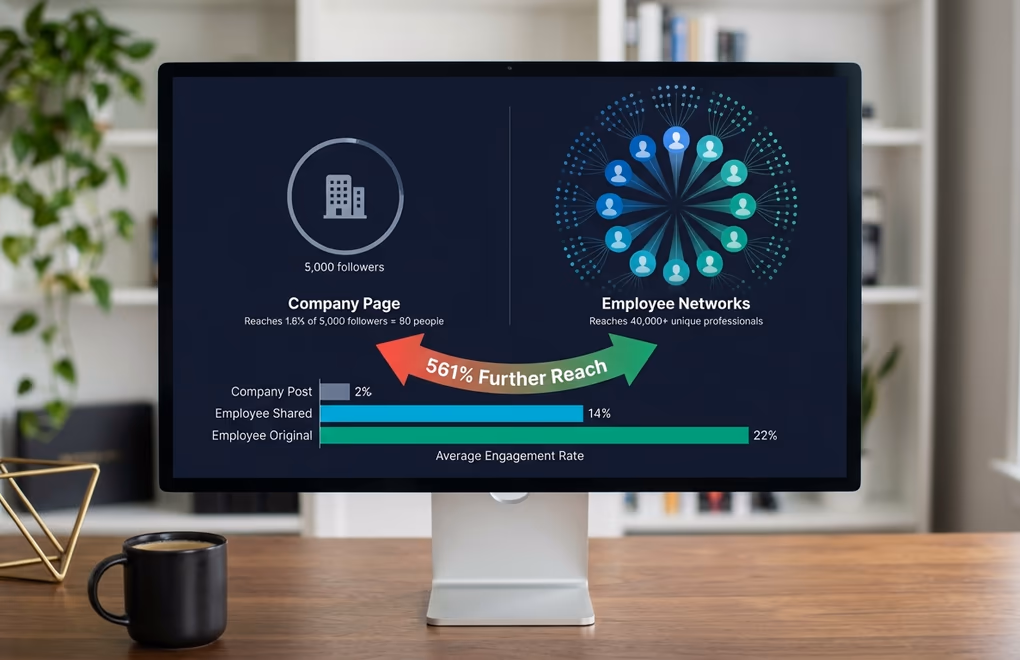 Data visualization comparing company page reach versus combined employee network reach on LinkedIn, showing exponential growth through personal profiles