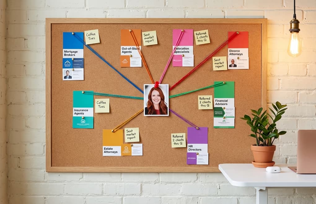 Network visualization connections between a real estate agent and professionals like mortgage brokers, attorneys