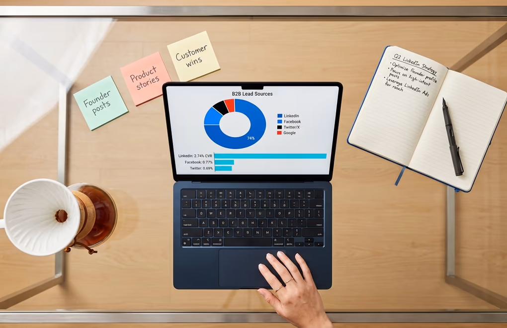 B2B SaaS marketing dashboard showing LinkedIn as the dominant lead generation channel with conversion metrics