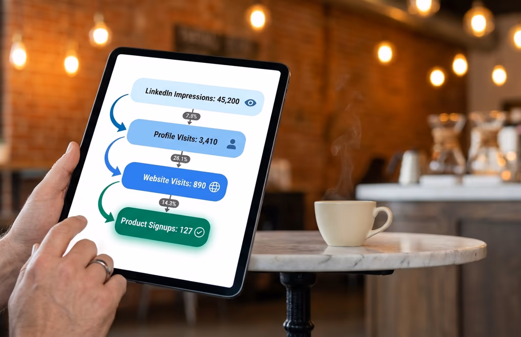Funnel visualization showing the journey from LinkedIn post impressions through profile visits to SaaS product signup page