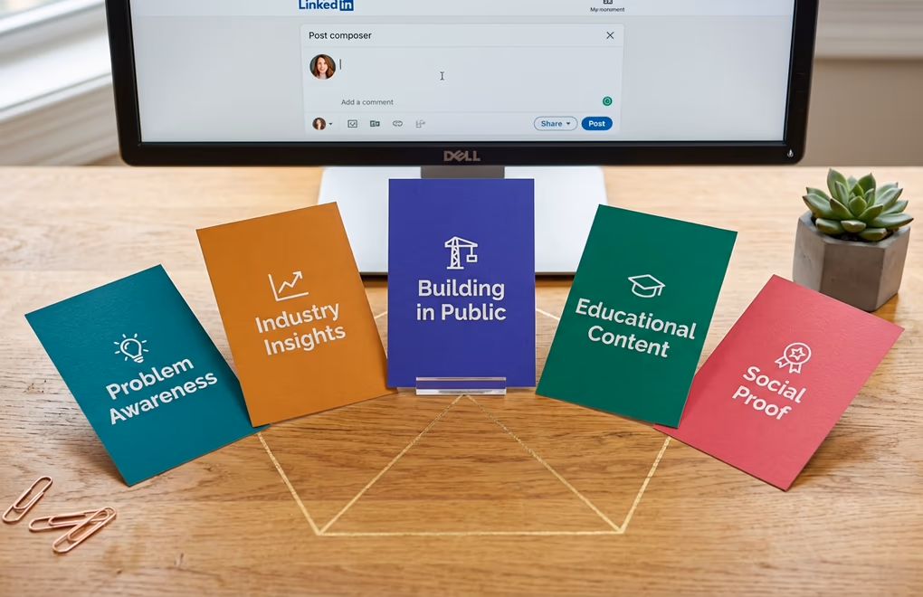Five interconnected content pillar cards laid out on a workspace representing different SaaS LinkedIn content themes