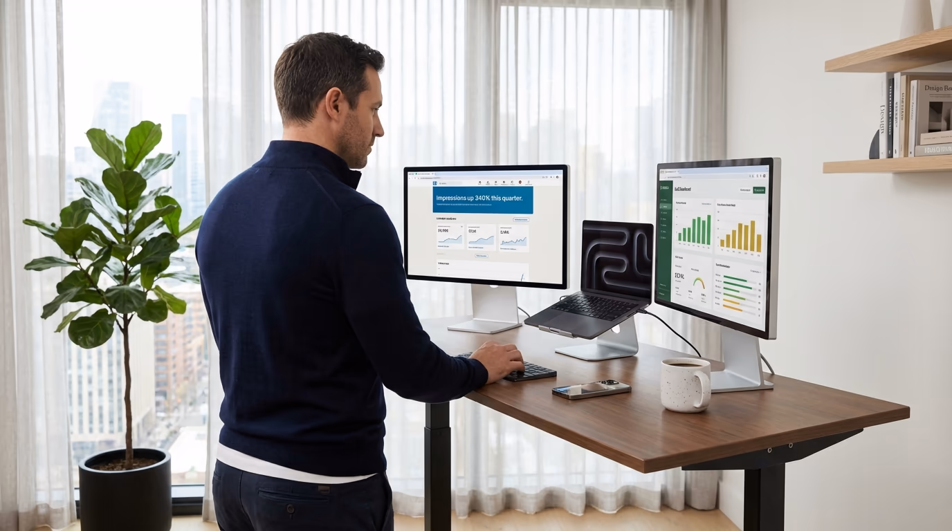 SaaS founder crafting LinkedIn content strategy at a standing desk with product analytics on dual monitors