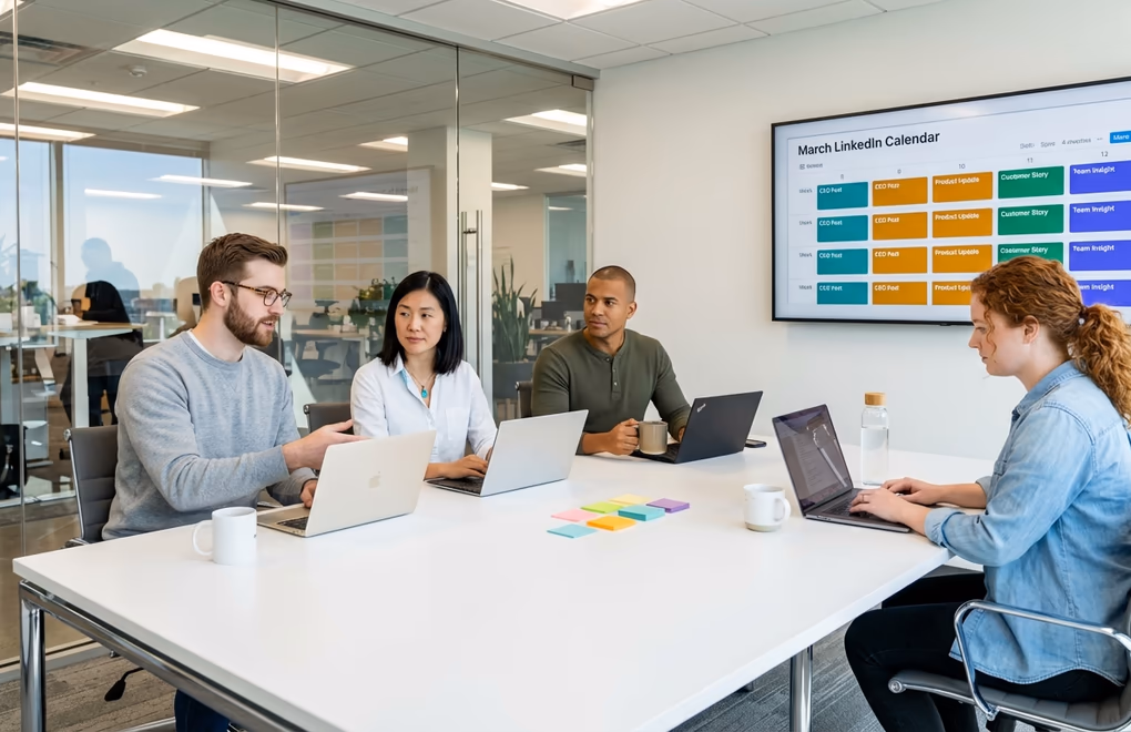 SaaS marketing team collaborating on a LinkedIn content calendar with color-coded post categories on a large screen