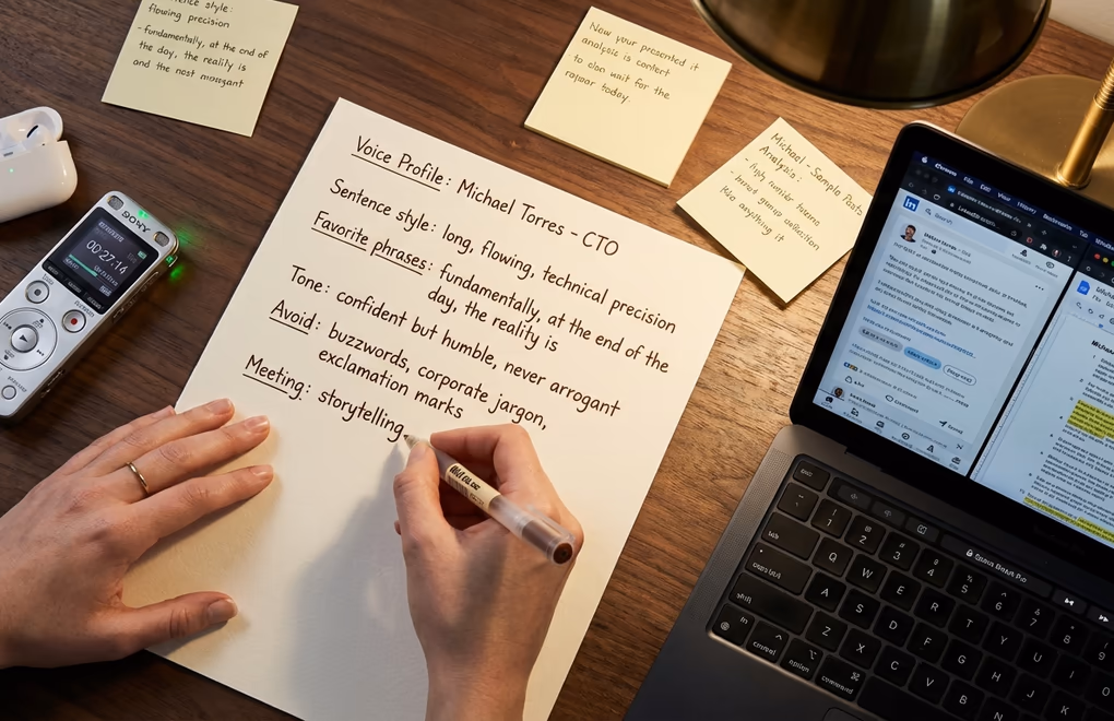 Close-up of handwritten interview notes and voice analysis annotations spread across a desk alongside a recording device and laptop with writing samples