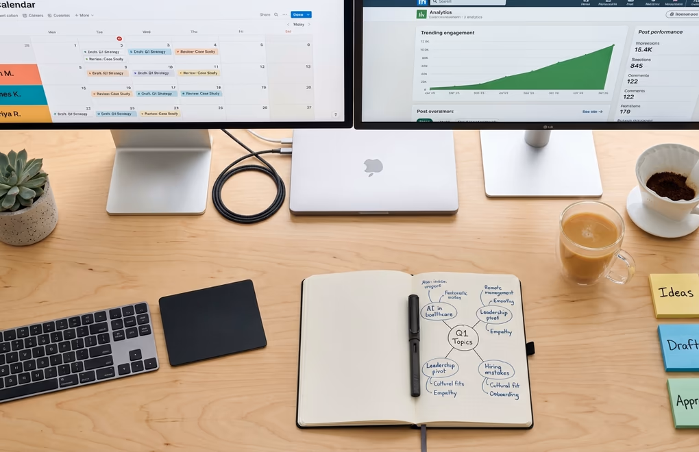 Organized desktop setup with research tools, writing software, and scheduling platforms open across dual monitors in a ghostwriter's workspace
