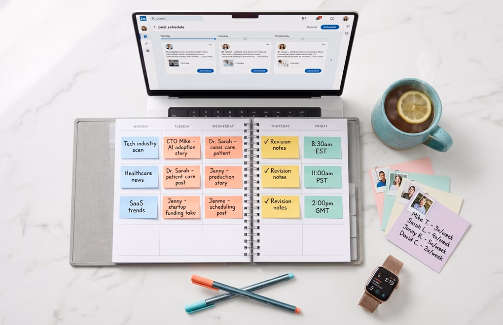 Overhead view of a weekly planner with color-coded client content blocks, surrounded by a laptop showing scheduled LinkedIn posts and a coffee mug