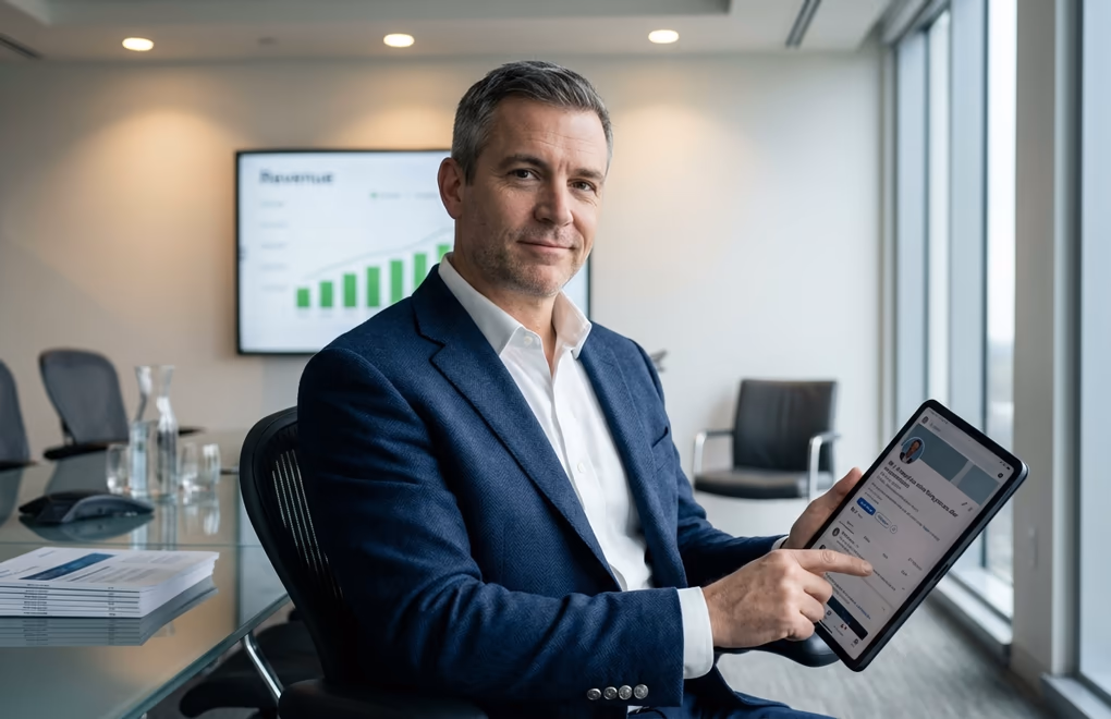 Executive reviewing LinkedIn content on a tablet during a meeting break, representing the demand for professional ghostwriting services