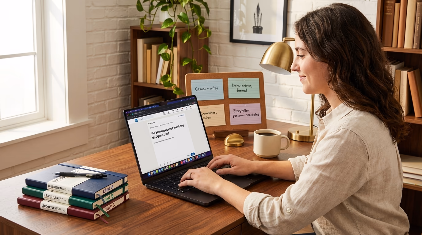 LinkedIn ghostwriter's creative home office workspace with multiple client voice profiles, handwritten notes, and a laptop showing draft content