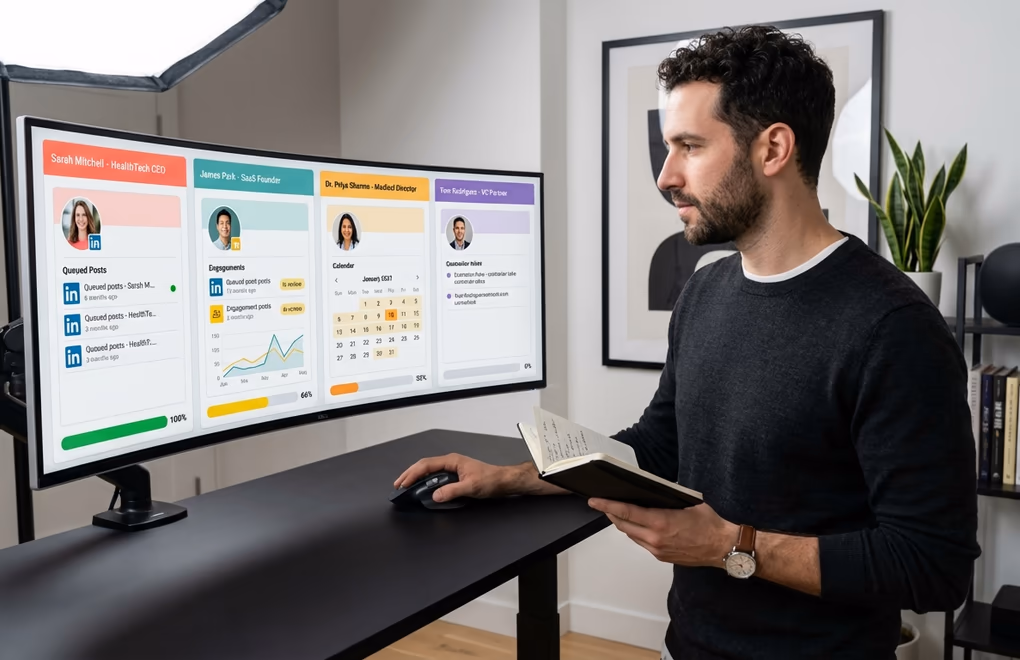 Split-screen view of multiple client LinkedIn profiles with distinct visual branding and voice notes, managed from a single unified dashboard
