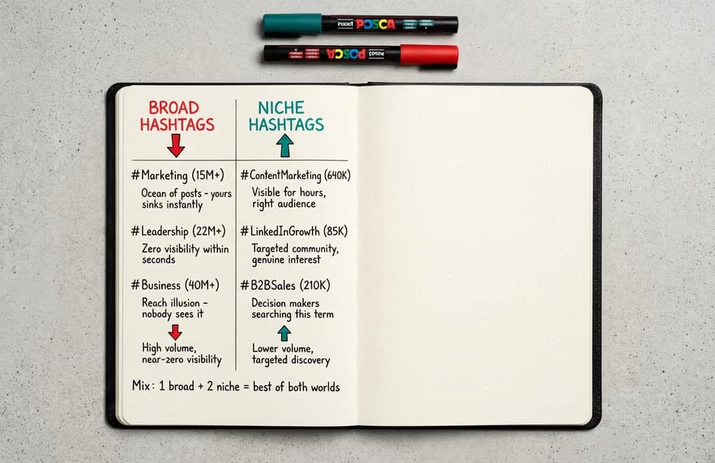 Two columns on a notepad comparing broad hashtags with millions of followers versus niche hashtags with targeted audiences