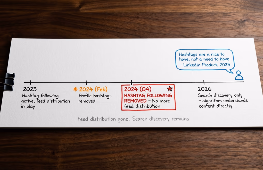 Timeline showing LinkedIn's hashtag feature changes from 2023 to 2026, with the key 2024 removal of hashtag following highlighted