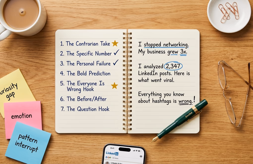 Organized notebook with handwritten hook formulas laid on a wooden desk next to a coffee cup and open laptop