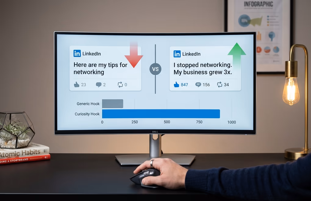 Split screen showing two LinkedIn post variations side by side on a monitor with engagement analytics overlay