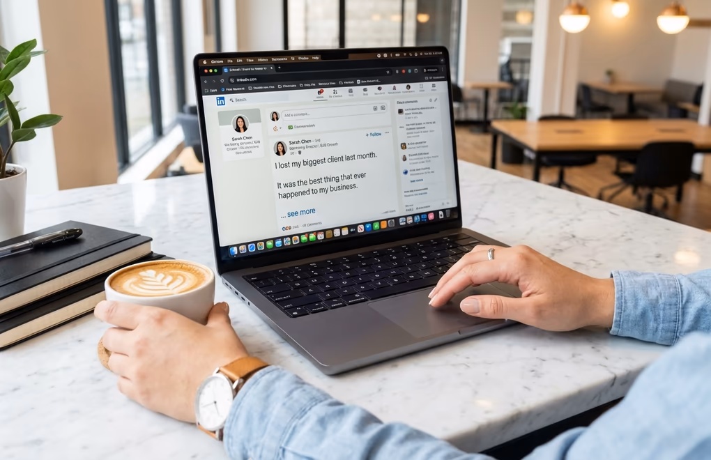 Professional looking at LinkedIn feed on laptop showing the see more button fold on a post