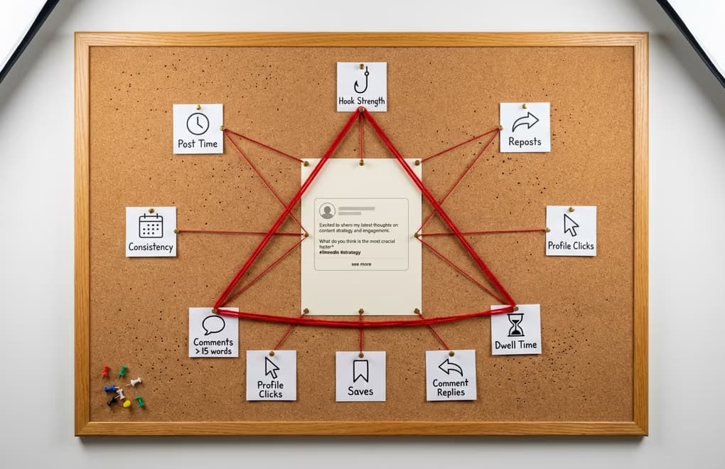 Abstract visualization of algorithmic signals flowing from a LinkedIn post outward to a growing network