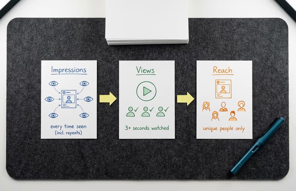 Side-by-side comparison diagram showing the difference between impressions, views, and reach metrics