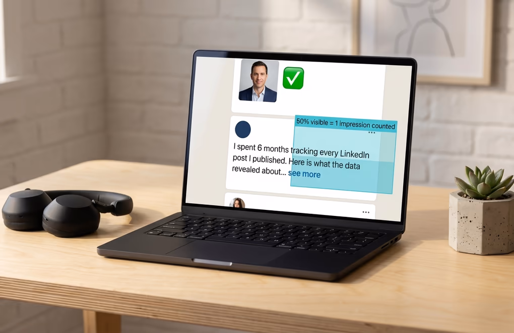 LinkedIn feed on a laptop showing a post being counted as an impression while partially visible on screen