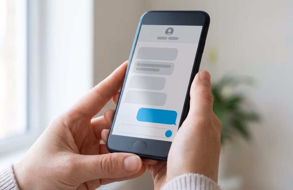 A hand holding a phone showing a LinkedIn conversation thread with a reply