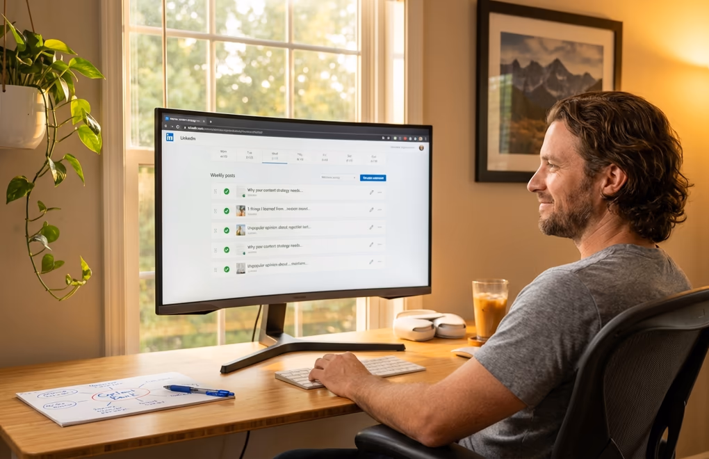 Organized workspace showing batched content creation process with multiple post drafts ready to schedule