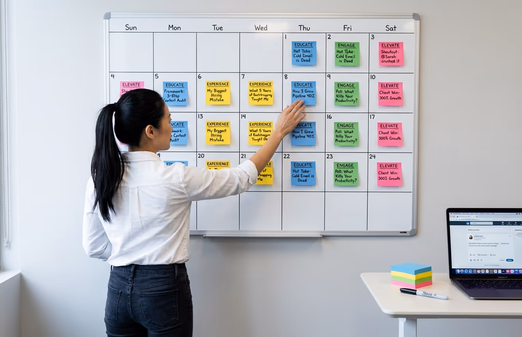 Content calendar with sticky notes and laptop showing LinkedIn post drafts for a personal branding strategy
