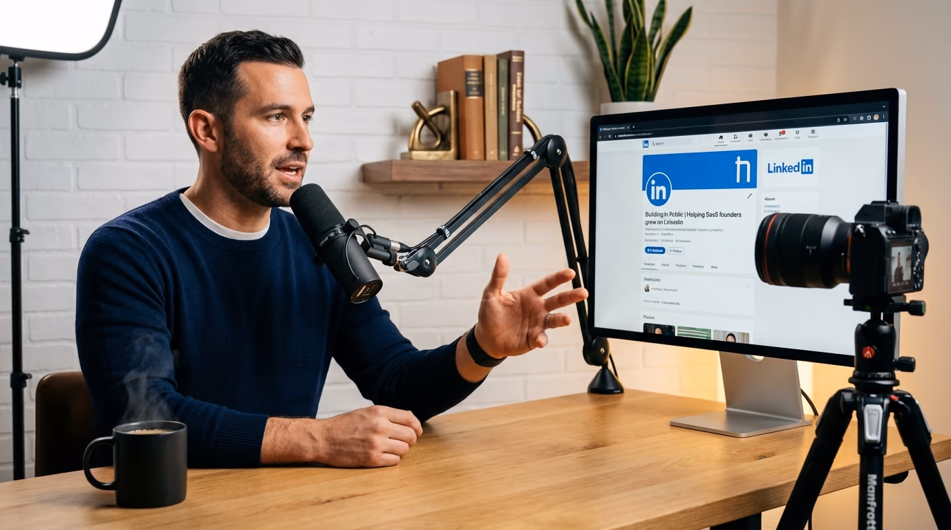 How to Build a Personal Brand on LinkedIn - Professional recording content at podcast setup with microphone and camera