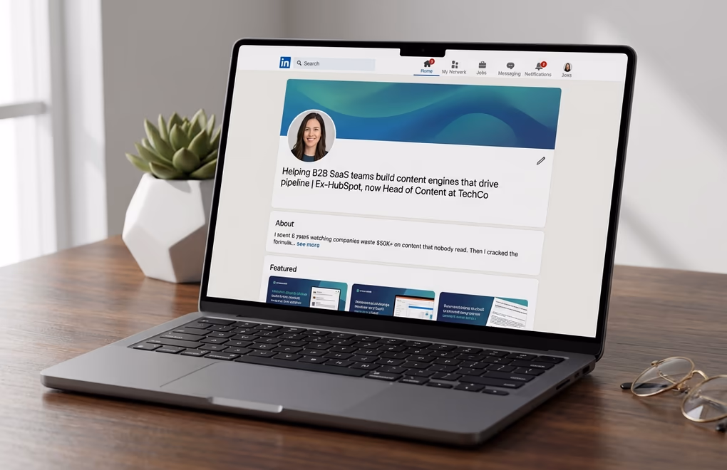 Close-up of optimized LinkedIn profile on screen showing professional headline and banner image