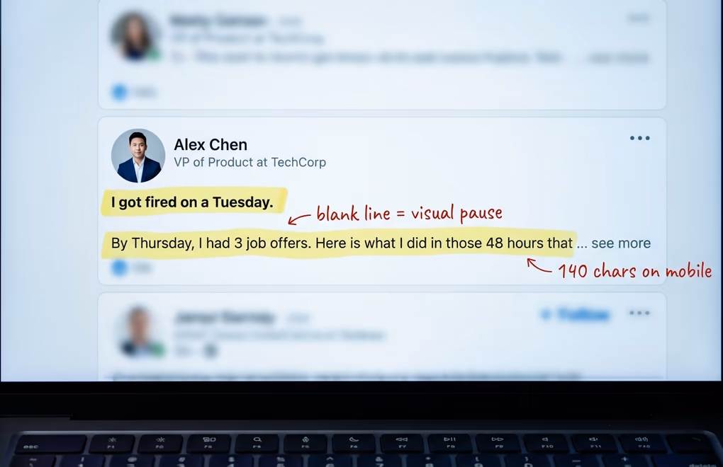 LinkedIn post preview showing the see-more truncation point with the hook text visible above the fold