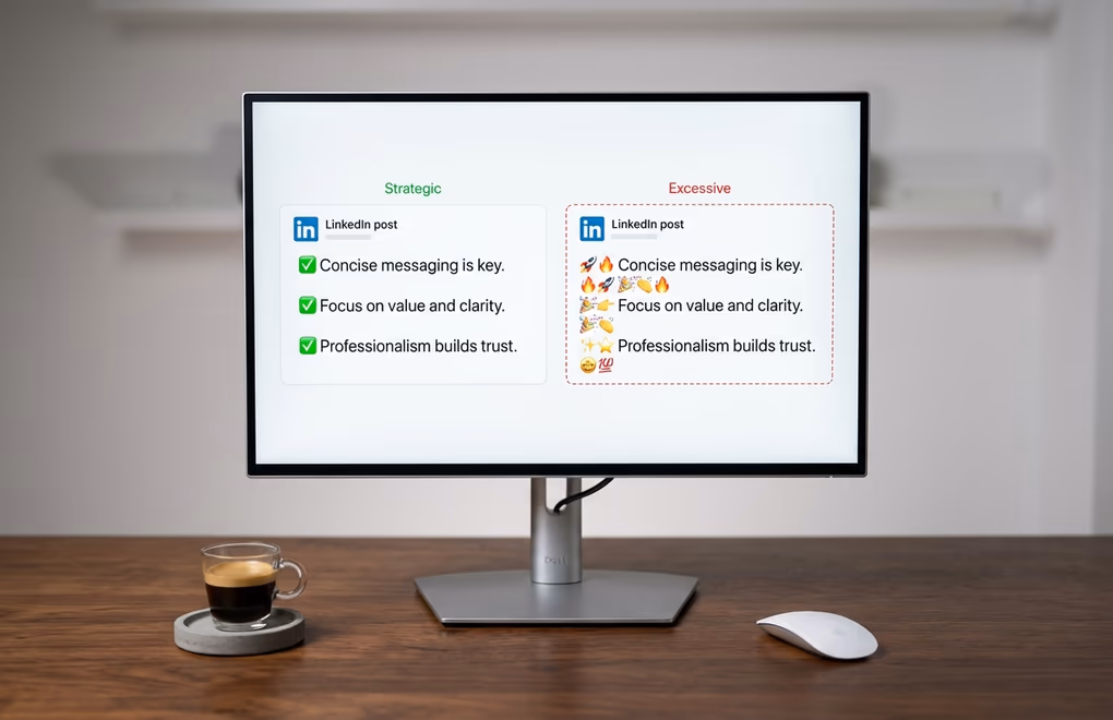 Two LinkedIn post examples side by side - one with strategic emoji usage and one with excessive emoji clutter