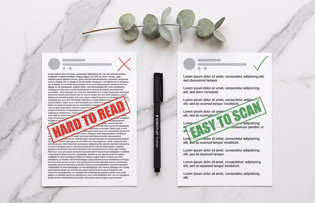 Side-by-side comparison of a poorly spaced LinkedIn post versus a well-spaced post with clear paragraph breaks