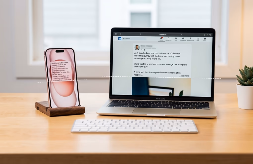 Phone and laptop side by side showing the same LinkedIn post rendering differently on each device