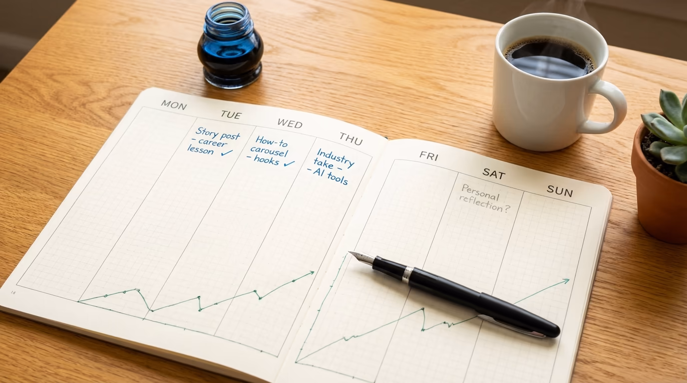 Weekly planner showing a LinkedIn posting cadence with three posts marked across the week and engagement metrics rising