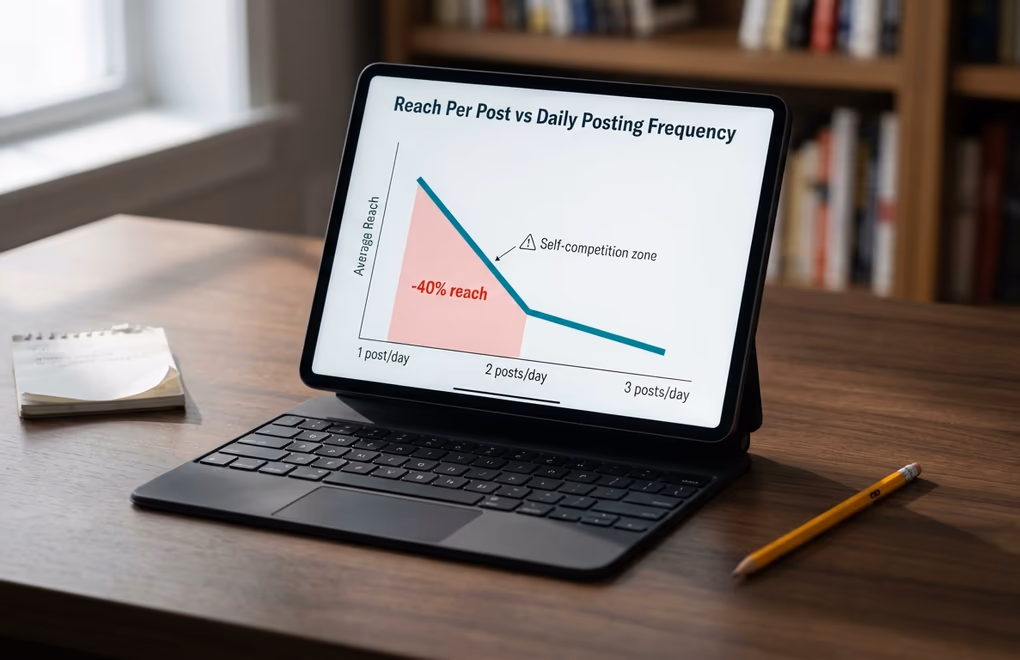 Graph showing how reach per post declines sharply when publishing more than once per day on LinkedIn