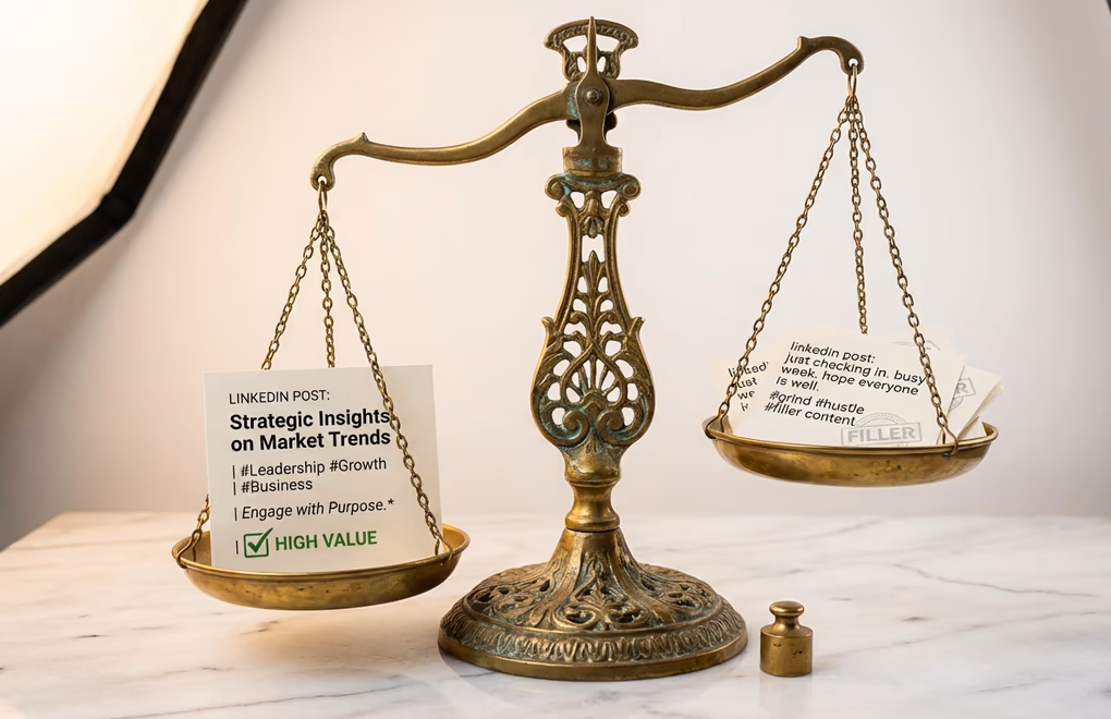 A balance scale with one high-quality post on one side outweighing three mediocre posts on the other