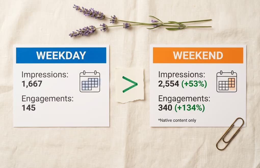 Split comparison showing weekend versus weekday LinkedIn engagement metrics with weekend native posts outperforming