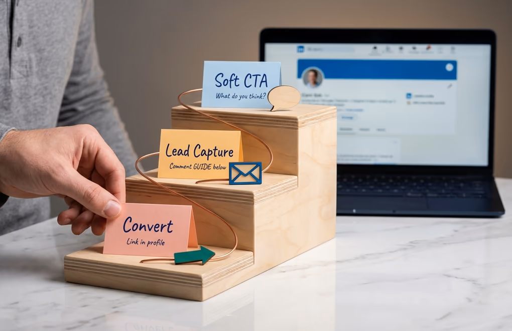 Three-step CTA ladder showing progression from soft engagement CTAs at the top through comment-trigger lead capture in the middle to profile-link conversion CTAs at the bottom