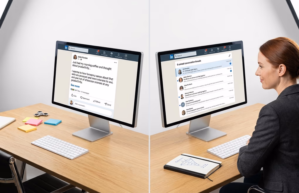 Split screen showing two LinkedIn posts side by side - left post has hundreds of likes but zero DMs, right post has fewer likes but a full inbox of prospect messages