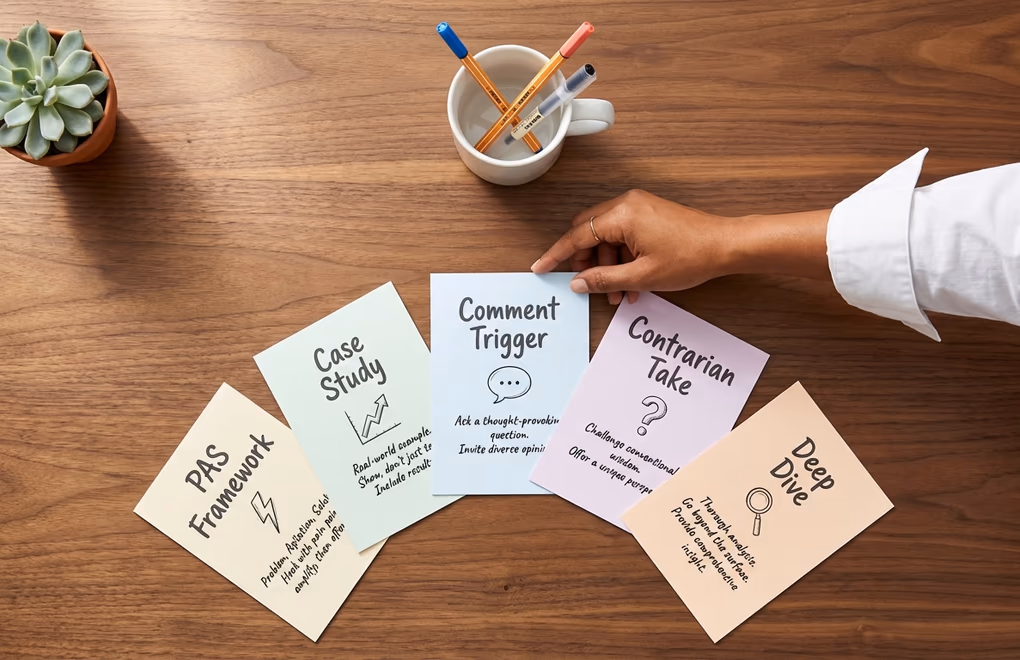 Five different LinkedIn post layouts arranged in a fan pattern on a desk, each labeled with its framework name - PAS, Case Study, Comment Trigger, Contrarian, and Educational Deep Dive