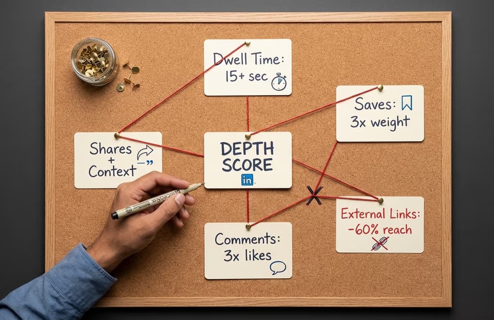 Infographic showing LinkedIn's 2026 Depth Score algorithm signals - dwell time, saves, meaningful comments, and shares with context weighted against simple likes