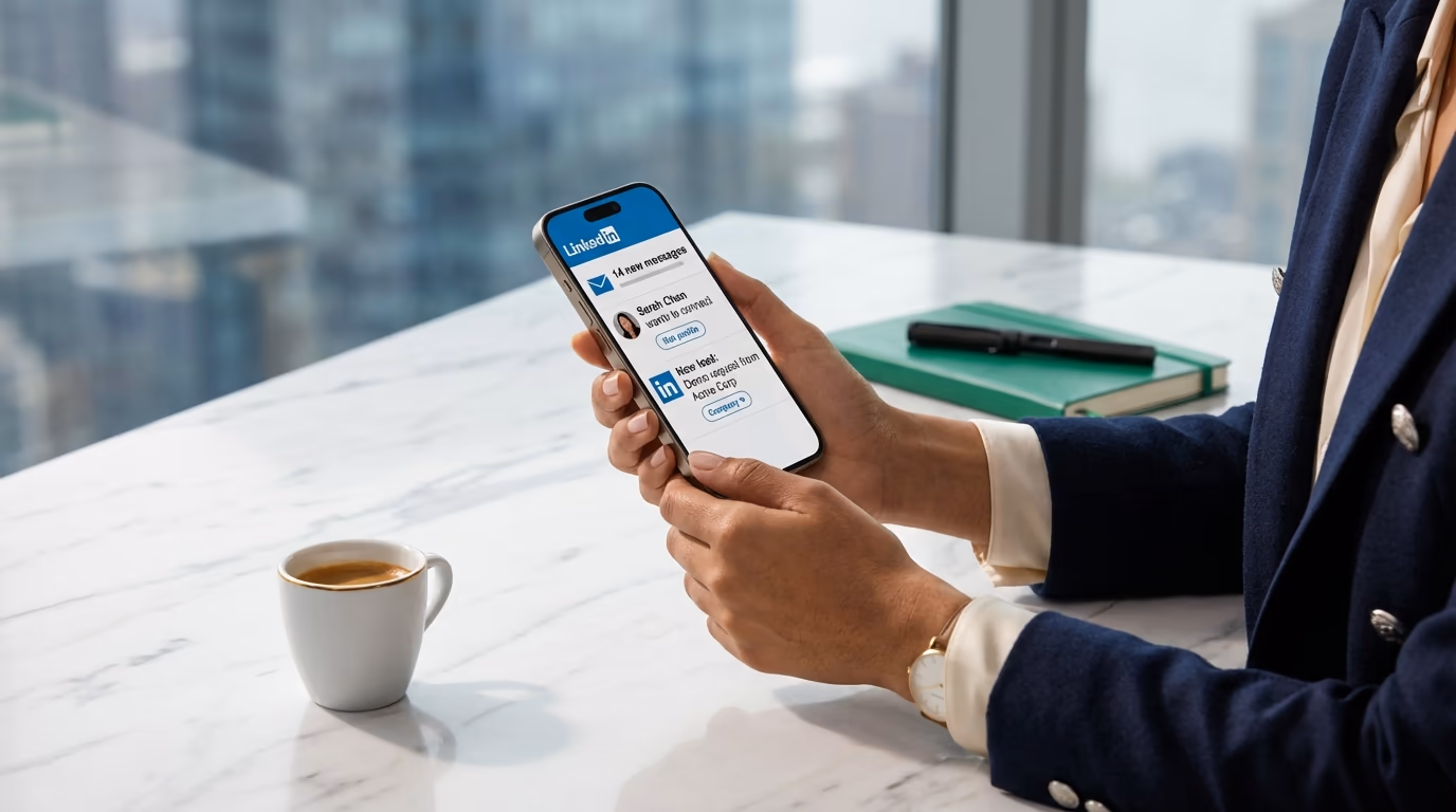 LinkedIn post on a laptop screen with notification bubbles showing new leads, DMs, and connection requests flowing in from a single published post