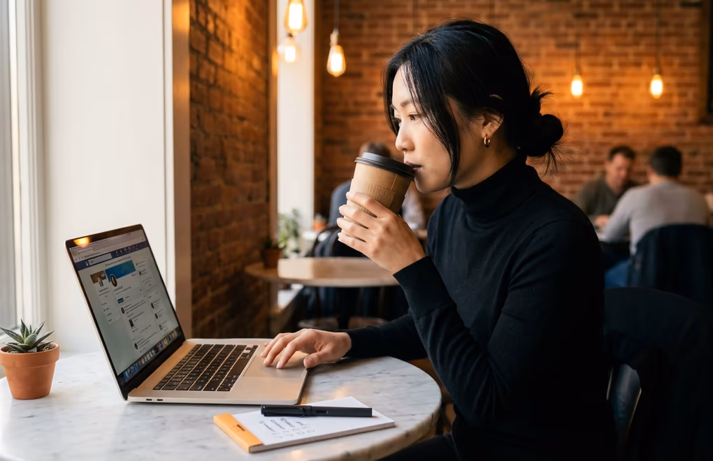 Professional at a cafe table with a laptop showing LinkedIn notifications while reviewing a short daily checklist on a notepad