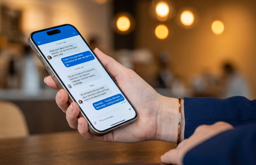Phone screen showing a LinkedIn DM conversation that naturally evolved from commenting on each other's posts over several weeks