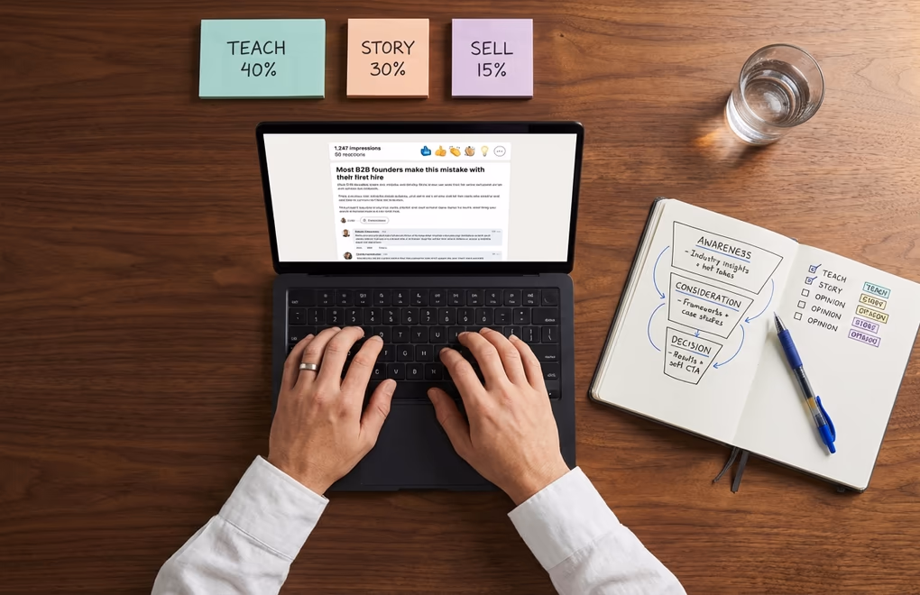 Laptop screen showing a LinkedIn post with high engagement next to a notebook with content ideas categorized by prospect awareness stage