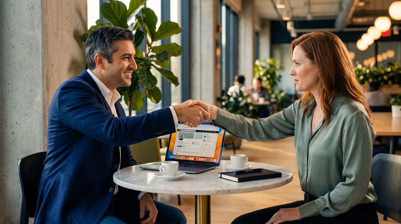 Two professionals shaking hands over a laptop showing LinkedIn connections and engagement notifications